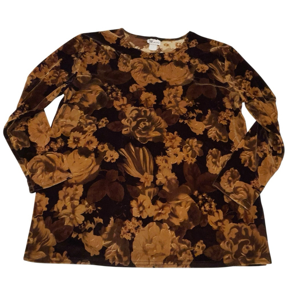 Vintage Moine Made in USA‎ Brown Floral Velour Fall Autumn Blouse Size Large